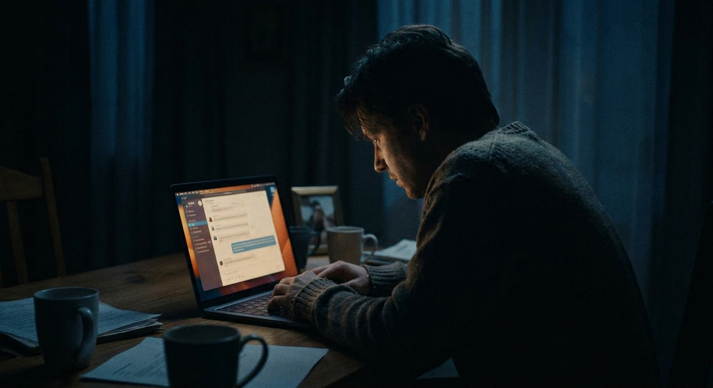 Person alone at night in front of a glowing screen showing old messages, quiet grief and remembrance