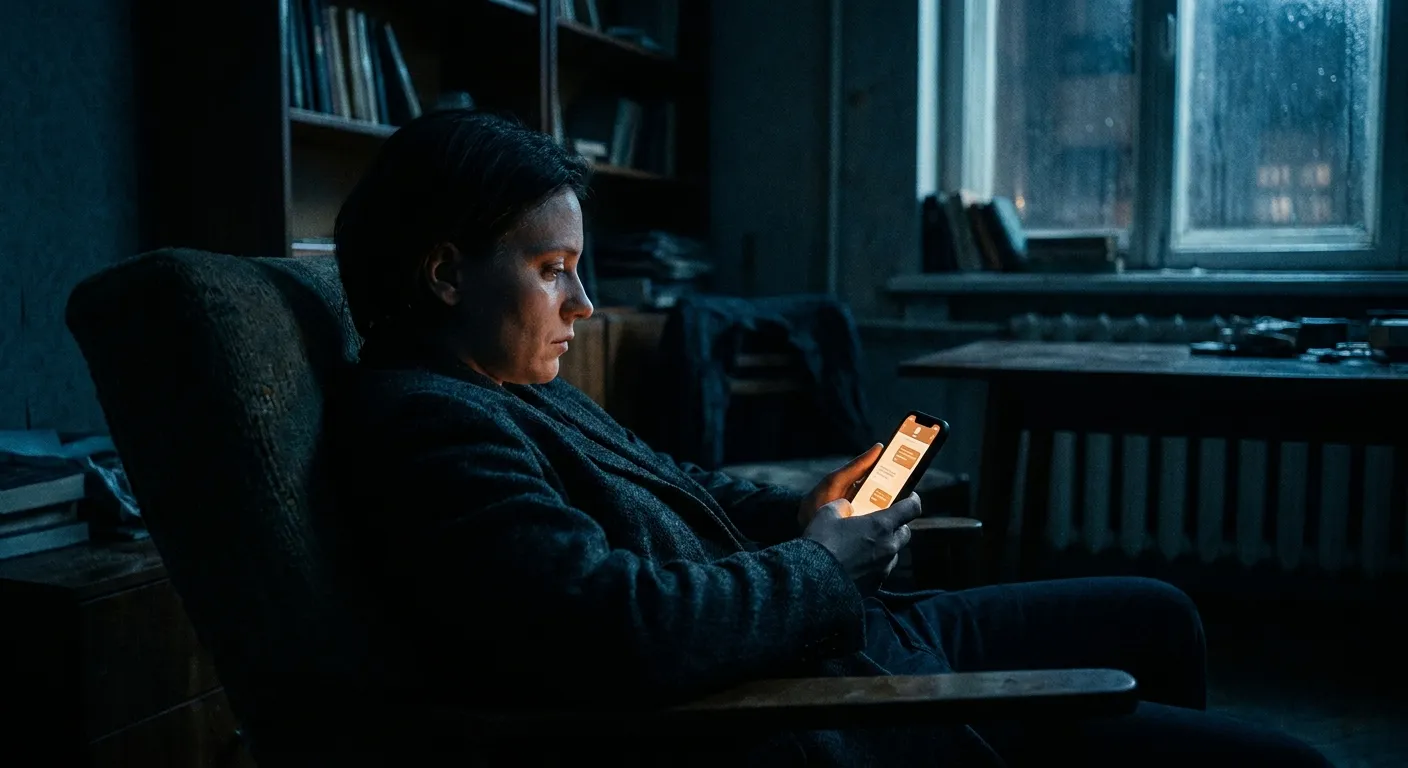 Person alone at night, glowing phone screen, soft light, quiet isolation