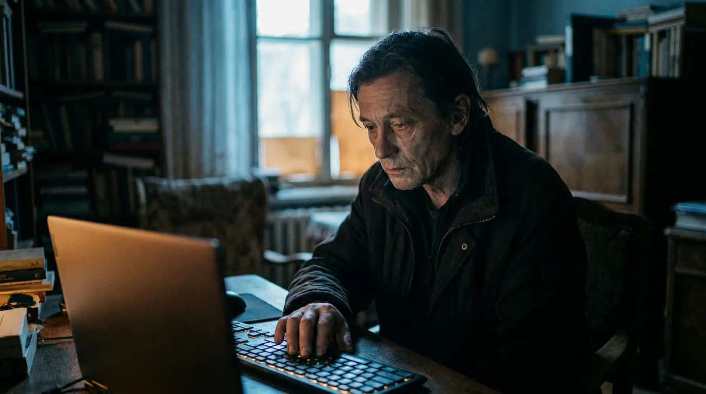 Person alone in dim room, hand on keyboard, screen reflection in eyes, quiet grief