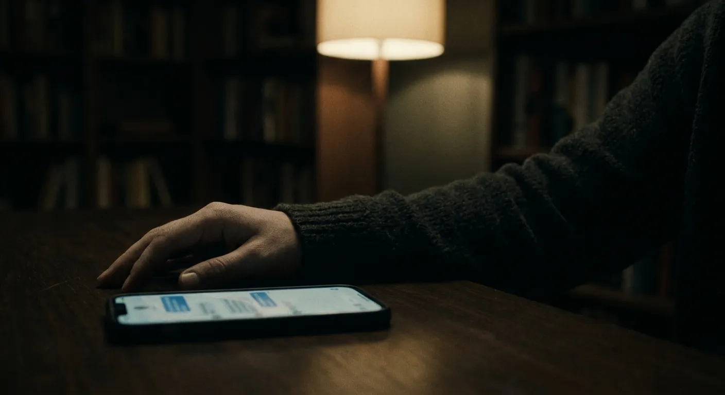 Phone screen in dark room showing AI companion chat interface, hand visible, quiet
