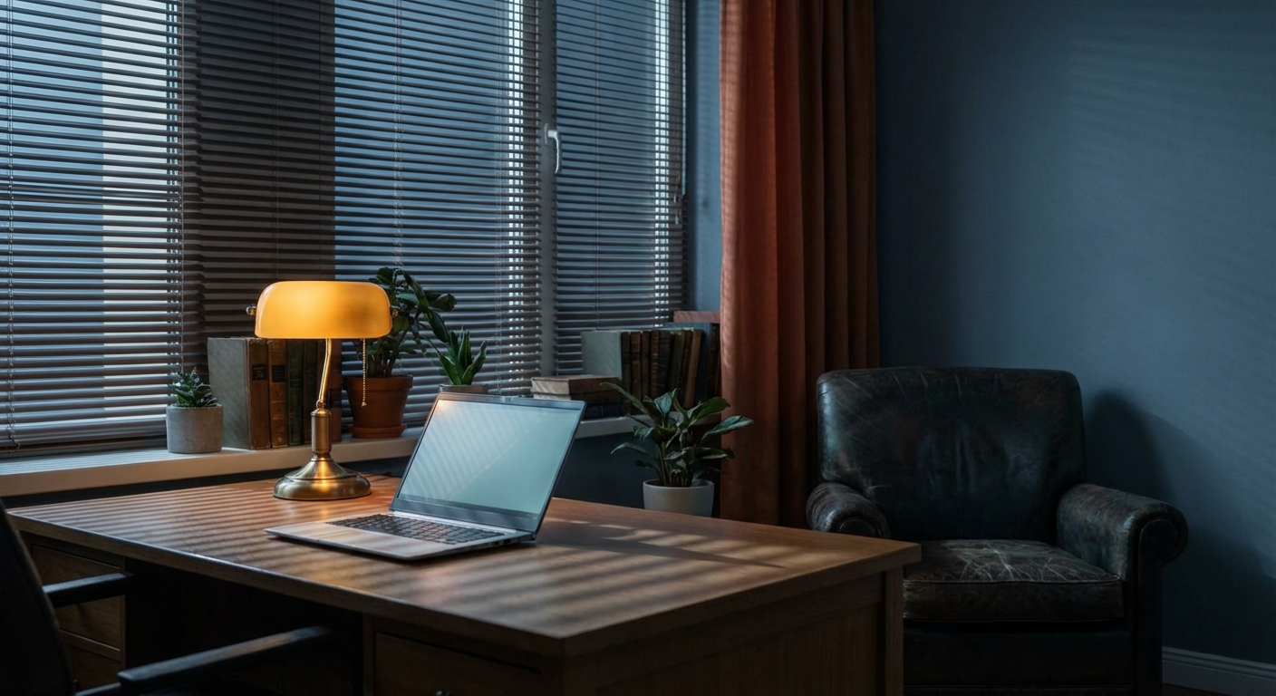 Clinical office at dusk, laptop screen glow, blinds casting shadows