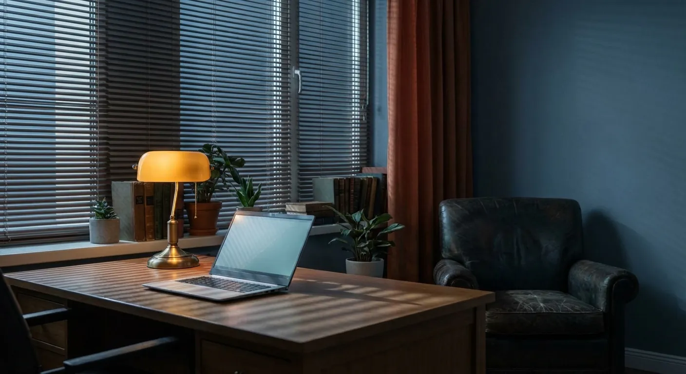 Clinical office at dusk, laptop screen glow, blinds casting shadows