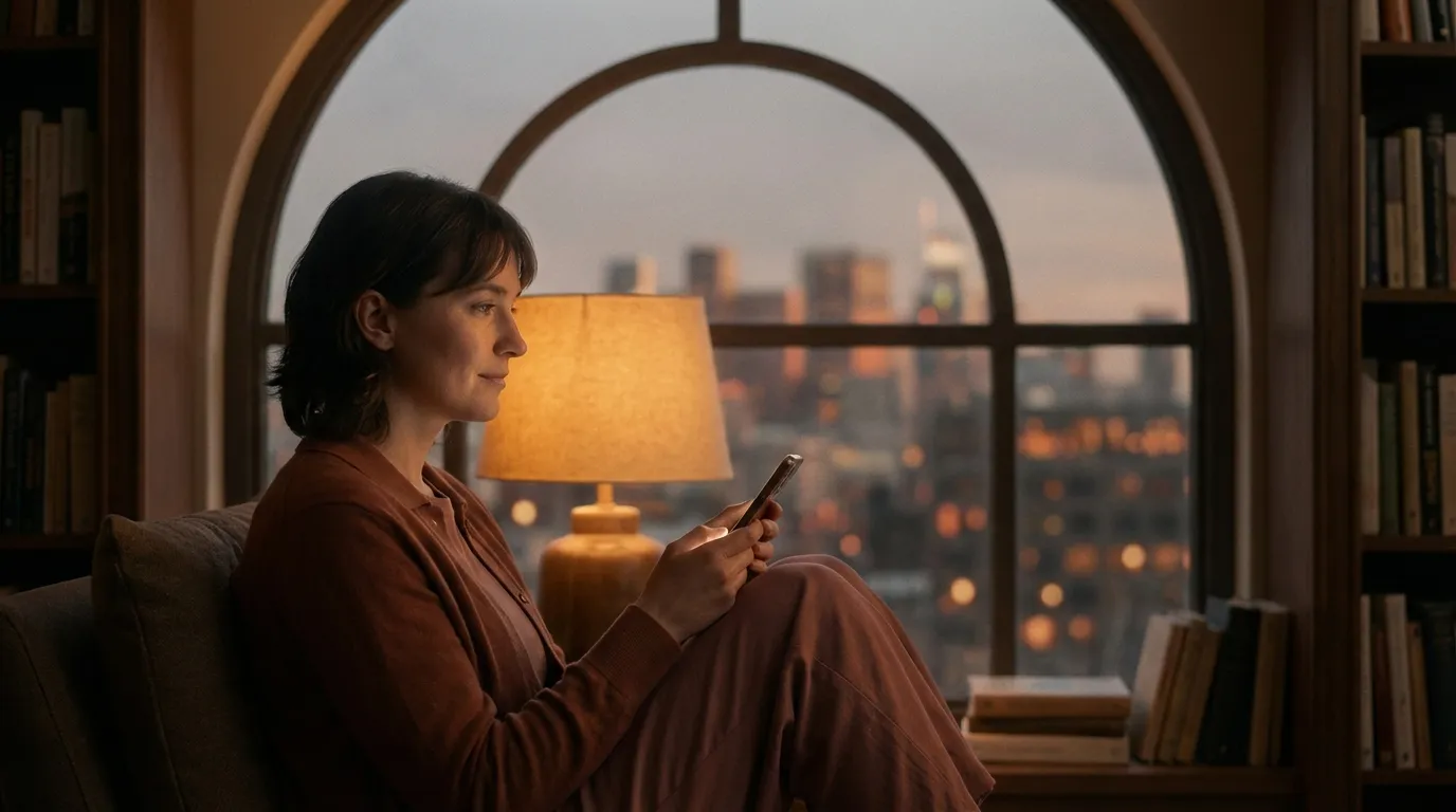 Person sitting by a window at dusk, phone in hand, warm amber light