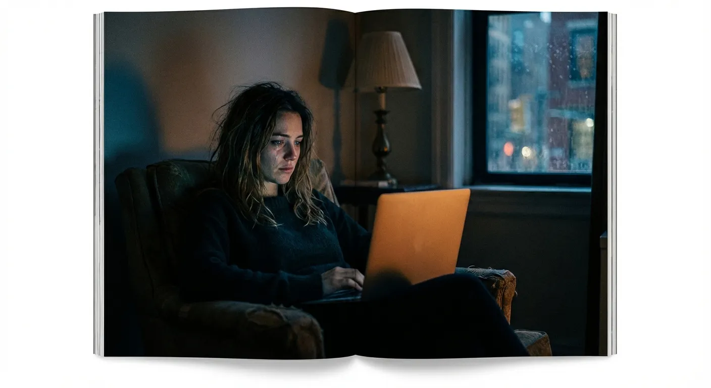 A person alone at a laptop late at night, face lit by a fading screen