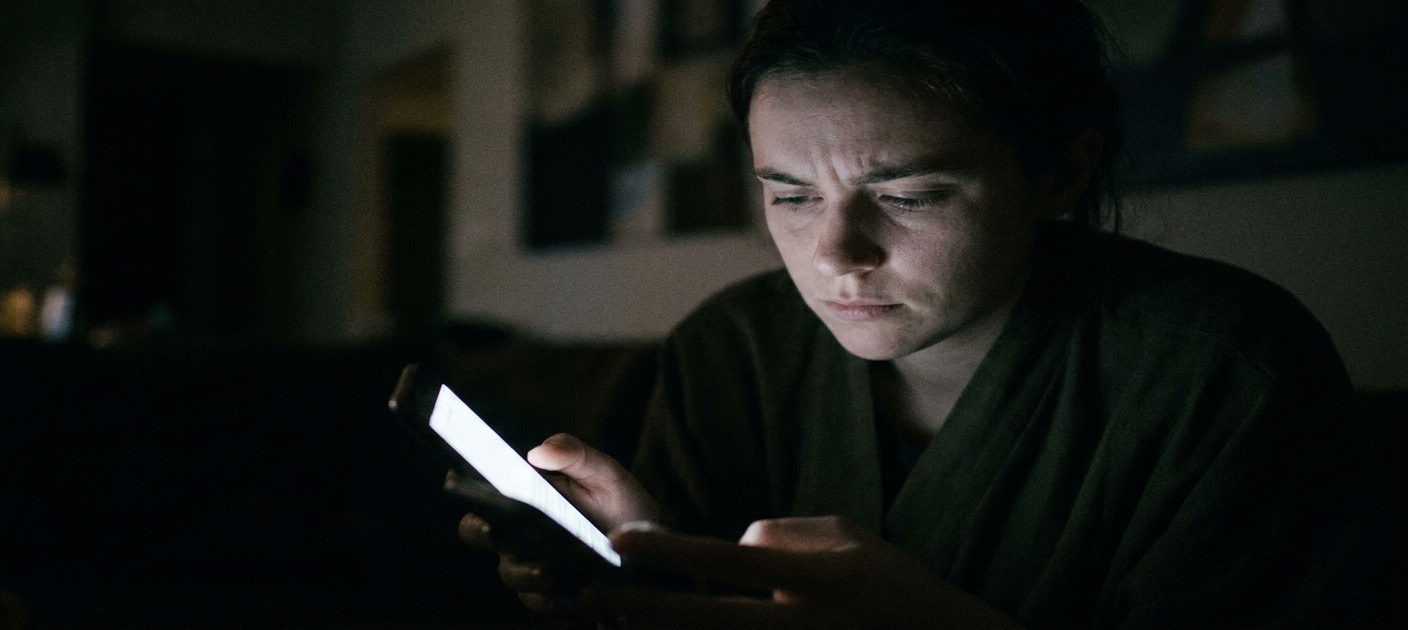 Person staring at phone screen, expression uncertain, soft light, quiet room, sense of something missing