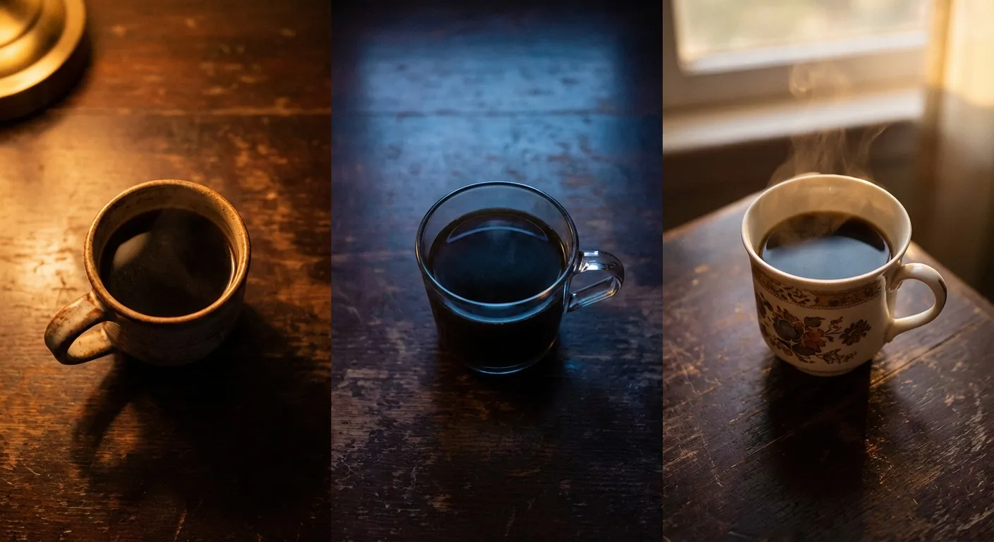 Three coffee cups lit by different light sources